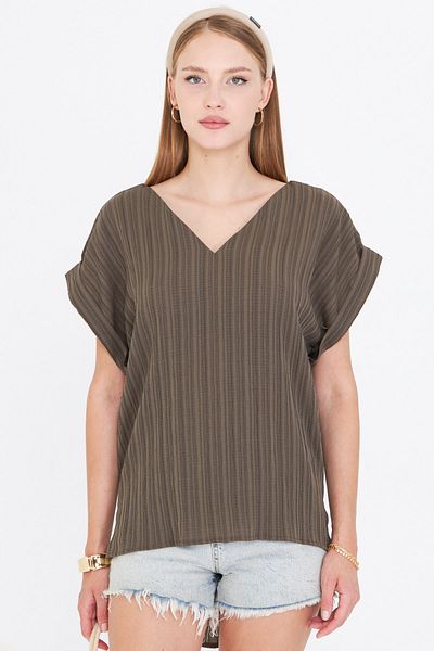 armonika Women's Dark Khaki V-Neck Oversize Blouse with Side Slits and Long Double Sleeve Detail on the Back Arm-24Y001074