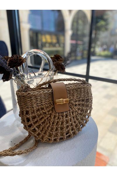 Zeynep Keskin Design Дамска сламена чанта, Дамска чанта за през рамо от ратан, Чанта за ръка и през рамо Hazeranlı, Плажна чанта