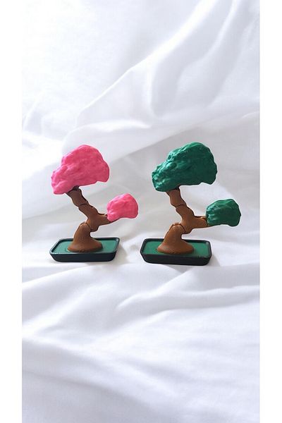 3D Ekspres 2-Piece Mini Bonsai Sakura & Dark Green Decorative Ornament with Movable Elbows 8 cm