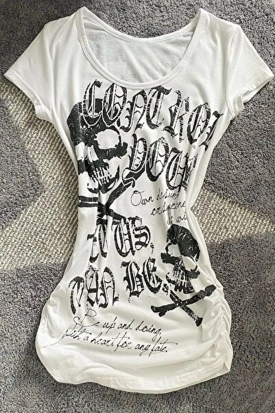 BALİNA White Gothic Skulls Control Wide Collar Short Sleeve Crop