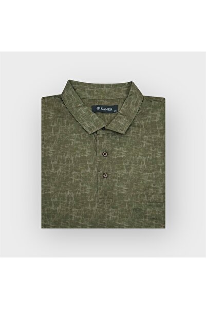 KAMER Plus Size Shirt Collar Short Sleeve Patterned Pocket Green T-Shirt 5049Y