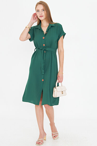 armonika Γυναικείο σκούρο πράσινο κοντομάνικο πουκάμισο με ζώνη μέσης ARM-19Y001068