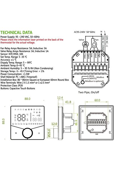 UanTii Smart Thermostat Tuya Wifi Central AC Thermostat 2 Pipe, Smart Knob HVAC Fan Coil Smart Tempe