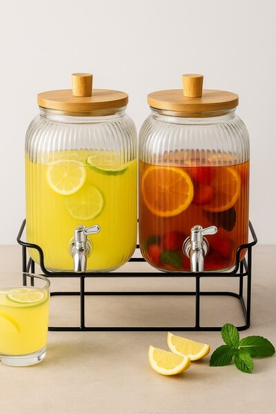 morponi 2'li Cam Şerbetlik Seti – Musluklu, Bambu Kapaklı, Standlı 3.75 Lt + 3.75 Lt