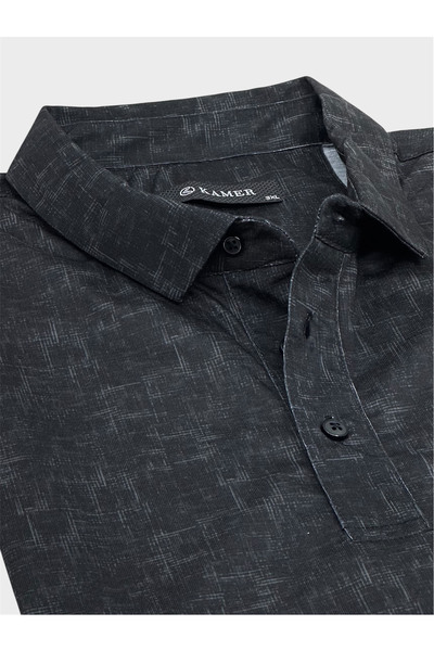 KAMER Big Size Shirt Collar Short Sleeve Patterned Pocket Black Tee 5049S