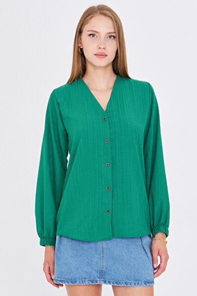 armonika Women's Dark Green Sleeve Elastic Wrinkle Shirt Arm-24K001002