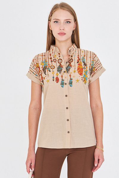 armonika Women's Stone Judge Collar Short Sleeve Shirt Arm-25Y001040