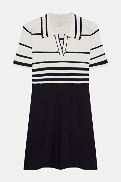 W Collection SİYAH EKRU ÇİZGİLİ TRİKO ELBİSE
