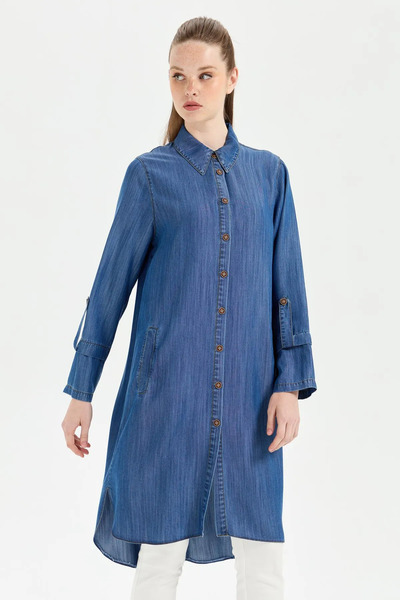 Gold Moda Renk ÖNÜ DÜĞME KAPAMALI GÖMLEK YAKA UZUN YAZLIK TESETTÜR TUNİK, SAKS MAVİ