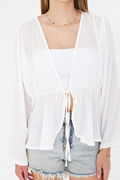 armonika Cardigan kimono din șifon cu șireturi în față alb pentru femei Arm-25y001072