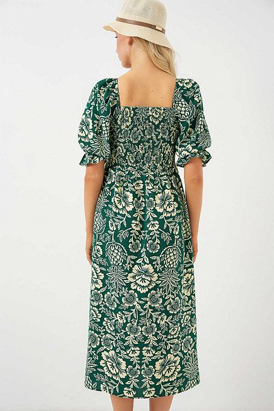 Modasultan Square Neck Princess Sleeve Gipeli Front Side Slit Floral Patterned Midi Length Viscose Dress