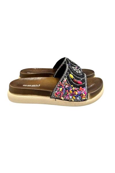 Esem Stone Bead Embroidered Buckle Anatomical Sole Slippers