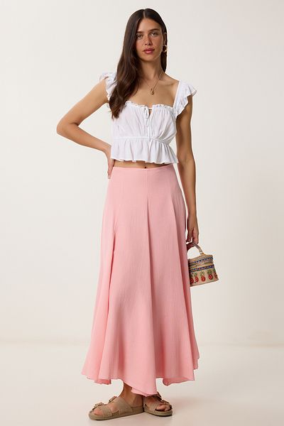 Lovelyİstanbul Summer Long Flared Muslin Skirt Pink Lns0070