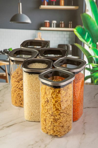 Lizzy 1600 ml Square Glass Jar with Steel Lid Set of 6