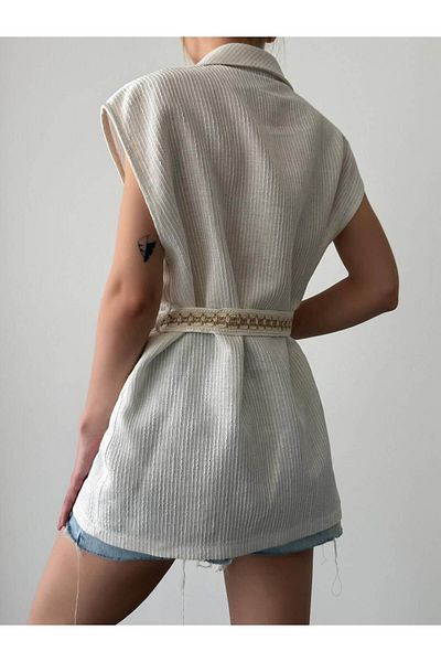 Coral Belted Shawl Collar Vest Ecru