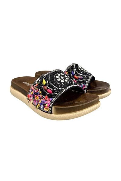Esem Stone Bead Embroidered Buckle Anatomical Sole Slippers