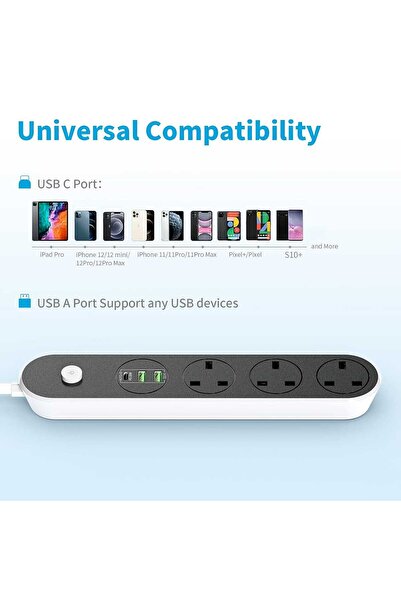 Generic وصلة طاقة ثلاثية الاتجاهات مع منفذ USB-C PD بقوة 20 واط، منفذي USB، سلك بطول 3 أمتار، 2500 واط، 13 أمبير، مصراع أمان، تشغيل/إيقاف