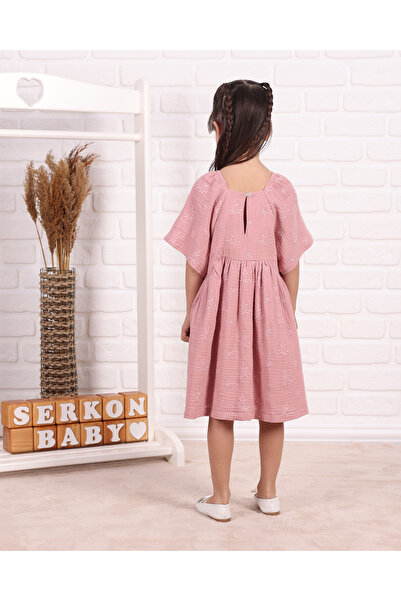 Serkon BABY Embroidered Lined Casual 100% Cotton Muslin Girl's Dress