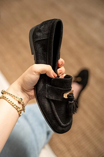 LamintaGlobal Glomar Black Suede Tassel Detailed Genuine Leather Women's Loafer