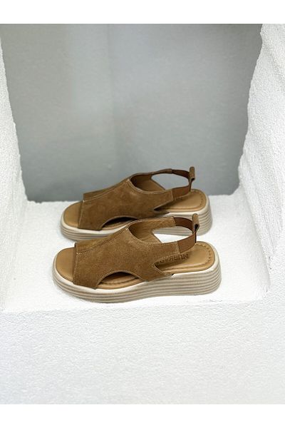 NUR KARACA 25Y1003 Khaki Leather 5cm Filled Sole Sandals with Rubber Back for Women