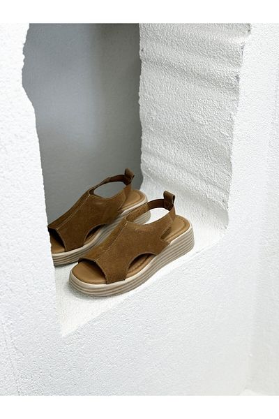 NUR KARACA 25Y1003 Khaki Leather 5cm Filled Sole Sandals with Rubber Back for Women