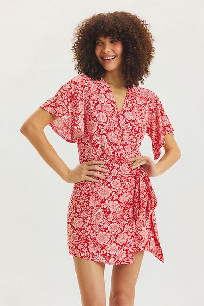 Clandestino Bohemian Patterned Flange Sleeve Short Jumpsuit Red
