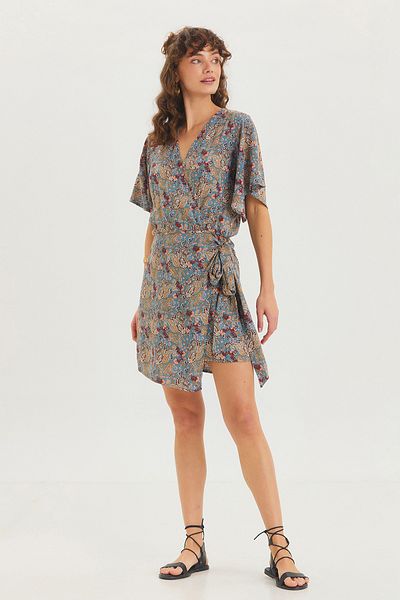 Clandestino Bohemian Patterned Short Jumpsuit with Flywheel Sleeves Blue