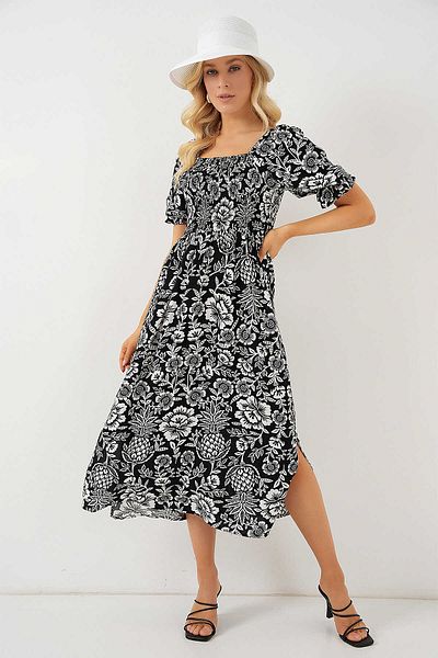 Modasultan Square Neck Princess Sleeve Gipeli Front Side Slit Floral Patterned Midi Length Viscose Dress