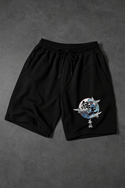 De Carte Japanese Sea Baskılı Likralı Siyah Rahat Kalıp Erkek Şort