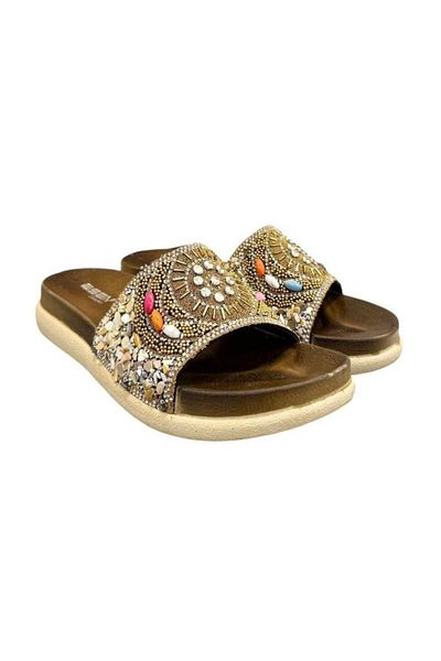 Esem Stone Bead Embroidered Buckle Anatomical Sole Slippers