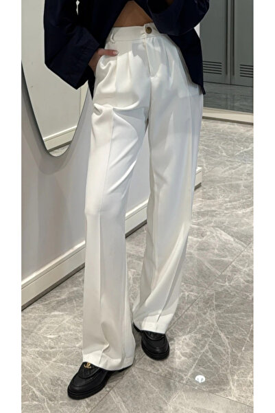 My Blog Pantaloni palazzo cu nasturi din aur alb și talie elastică - 51078