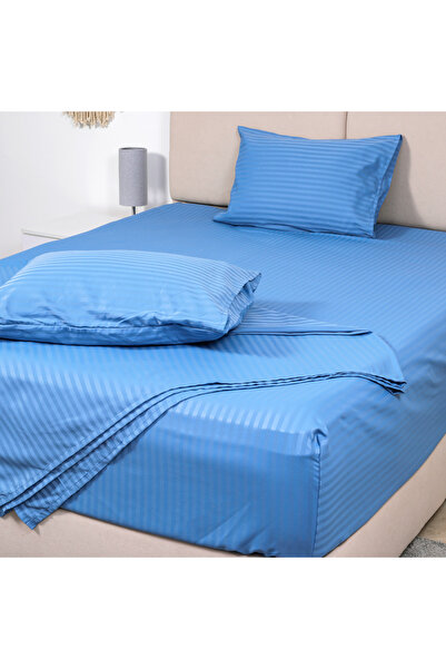 Bed N Home SA Satin Fitted Sheet Set, Striped, 1 cm, Blue, 100% Egyptian Cotton, 350 Thread Count, 2 Pillowcases, 200*200 cm