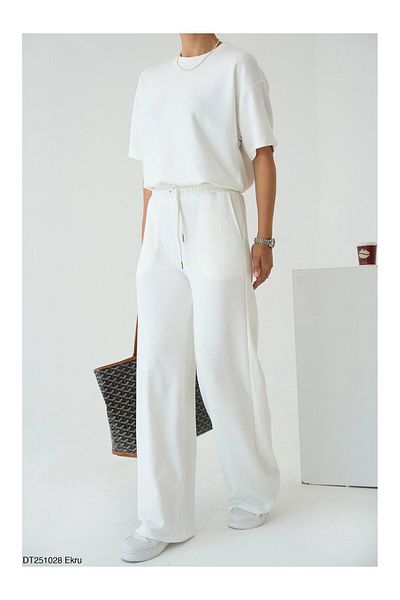 Coral Half Sleeve T-Shirt Trousers Suit Ecru