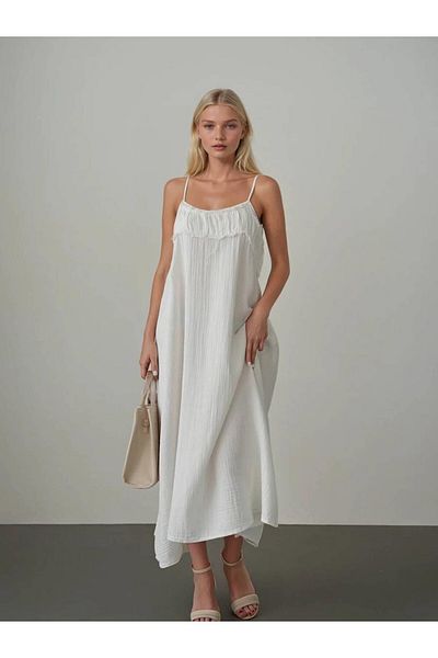 Coral Collar Dirty Stitched Strap Dress Ecru