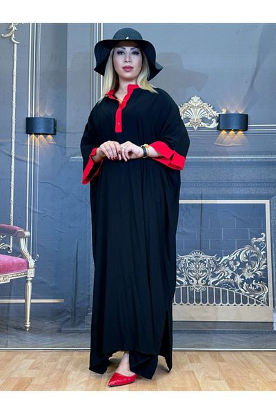Yeşilmoda Dress,Button Collar Cotton Fabric Plus Size Embroidered Maxi Black Bat Sleeve