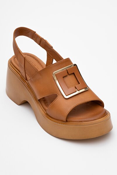 LuviShoes Lucia Tan Buckle Genuine Leather Women's Wedge Heeled Sandals