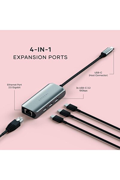 Satechi محول إيثرنت USB-C بسرعة 2.5 جيجابت، محول شبكة USB-C 4 في 1