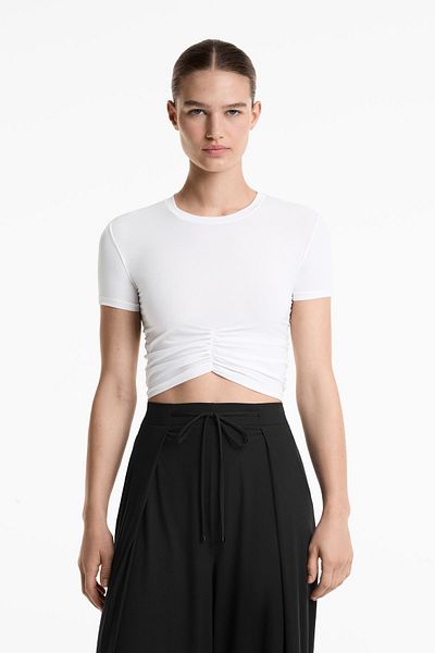 Oysho Short-sleeved crop ruched T-shirt