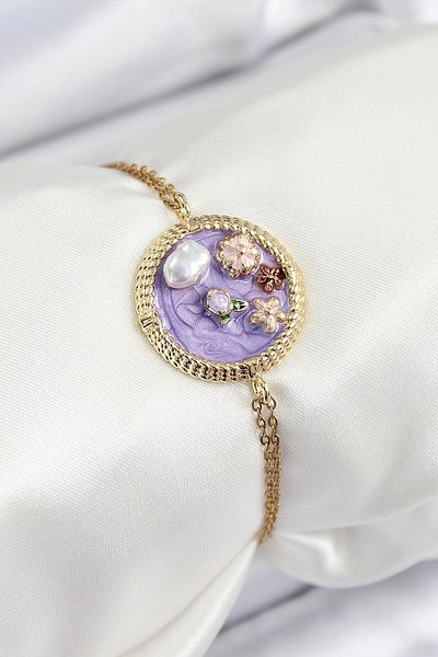Clariss 316L Steel Chain Purple Enamel Artistic Portrait Pearl Detailed Flower Model Gold Color Women's Bracelet