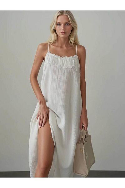 Coral Collar Dirty Stitched Strap Dress Ecru