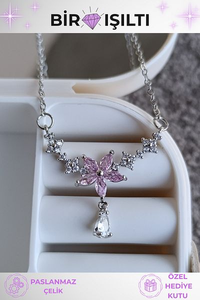 Birmem Women's Silver Color Stainless Steel Non-Tarnishing Pink Magnolia Flower Drop Stone Ivy Necklace