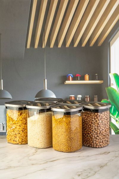 Lizzy 1100 ml Square Glass Jar with Steel Lid Set of 6