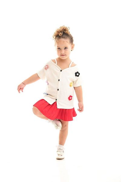Yalçınoğlu Kids Girl's Floral Appliqued Shirt Pleated Skirt Set I Colorful Flower Detailed I Girl's Set