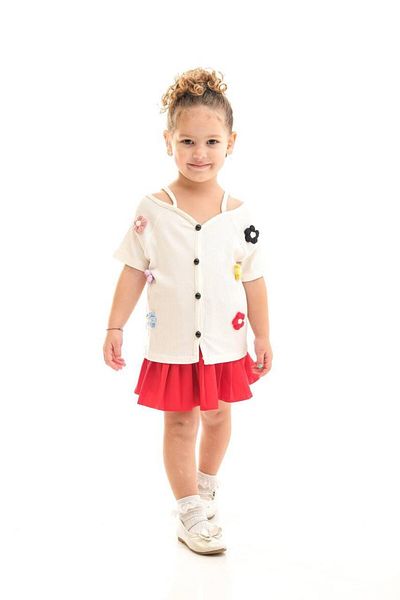 Yalçınoğlu Kids Girl's Floral Appliqued Shirt Pleated Skirt Set I Colorful Flower Detailed I Girl's Set