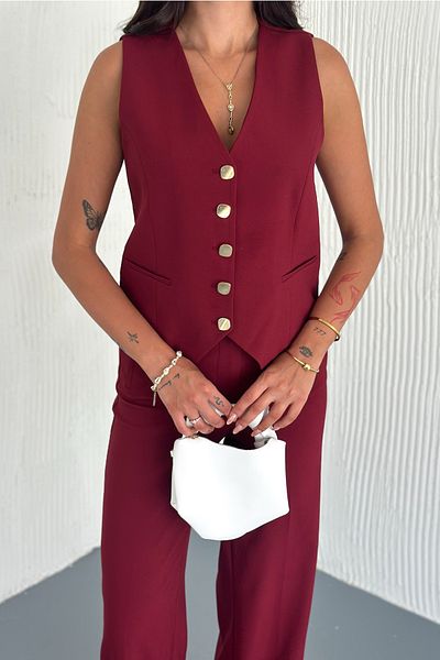 FEMELLE Set de pantaloni cu clemă cu nasturi de damă bordeaux