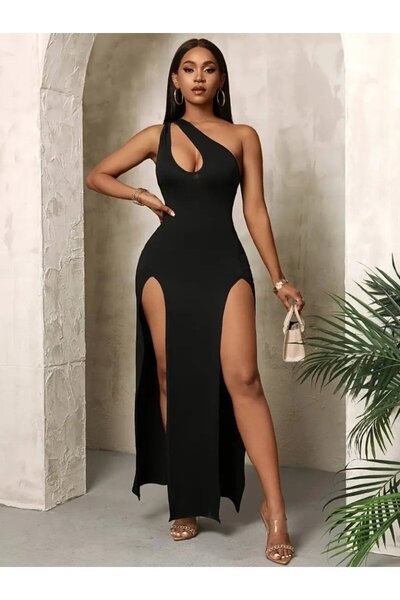 ALPACO Rochie lungă din crep Janjan pentru femei, cu un singur umăr, cu detaliu în formă de picătură, cu detaliu de fante -COLECȚIE