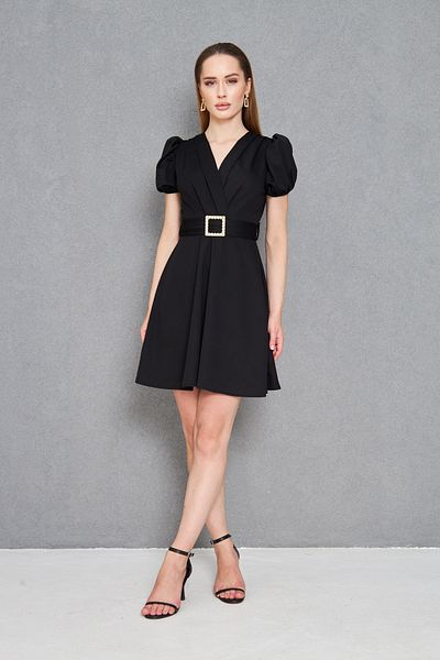 vuvutasarım Women's Black Stone Belt Design Balloon Sleeve Double Breasted Collar Mini Flared Dress 77125