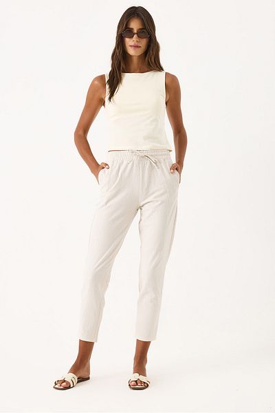 VENA Alian Elastic Waist Seersucker Striped Beach Trousers - Stone Striped