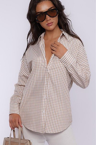 Madmext Μπεζ Gingham μακρυμάνικο γυναικείο πουκάμισο Mg2386