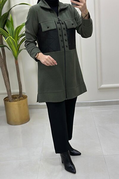 Haya Önü Fermuarlı Jakar ve İnci Kombinli Kadın Giyçık Tunik Haki Yeşili HYA 1468